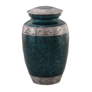 Urne funéraire décorative en métal bleu avec bande argentée gravée, style américain, personnalisée, faite à la main, écologique - Product Image 1