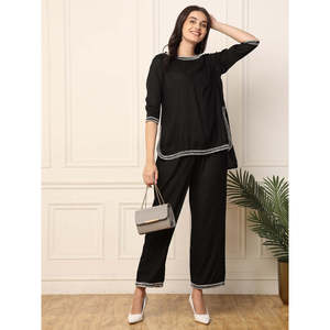 Deebaco Ensemble coordonné 2 pièces noir uni pour femme, col rond, manches 3/4, coupe ample, haut long décontracté avec pantalon, bordure perlée, toutes saisons - Product Image 1