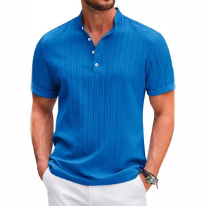 Chemise d'été décontractée à manches courtes en jacquard pour hommes, de haute qualité, respirante, rayée, confortable et élégante, avec revers en 3D - Product Image 5