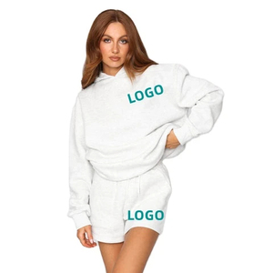 ชุดเสื้อมีฮู้ดและกางเกงขาสั้นแบบสวมหัวสำหรับผู้หญิงเสื้อผ้าเลานจ์เสื้อครอปท็อปสเวตเตอร์มีฮู้ดพิมพ์ลายสกรีน - Product Image 1