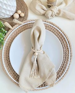 Handmade Classic White Wood Beads Napkin <b>Ring</b> with Tassel Eco-Friendly for Table Decor Parties - Product Image 3