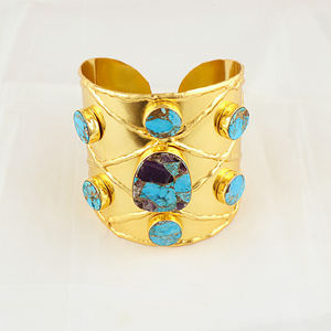 Bracelet de créateur en pierre turquoise de cuivre de Mohave, en laiton massif plaqué or 18 carats, style bohème, large bande pour femmes - Product Image 2