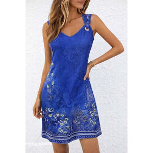 Vestido Corto con Tirantes y Escote en V para Mujer, con Detalle de Ojales y Estampado, 35418 - Azul - Product Image 2