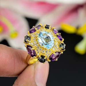 Bague fine plaquée or vintage de haute qualité avec topaze bleue naturelle améthyste CZ pierres précieuses bague de bijoux de trilogie de style unique - Product Image 1