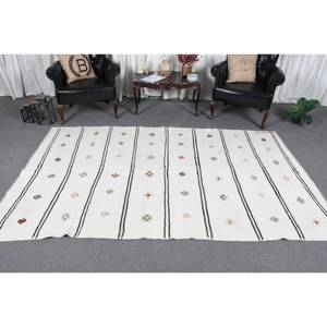 Tapis de salon moderne en laine blanche de 5.4x8,9 pieds avec motif patchwork rayé et support en latex de style turc - Product Image 2