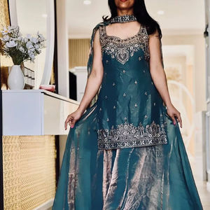 TOP PLAZZO Vintage 3mm Heavy Sequence Embroidery Work Suit Pure Fandy Silk Dupatta Loose Silhouette Natural Sequined Deco Solid - Product Image 1