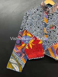Handmade Reversible Eco-Friendly Kantha <b>Short</b> <b>Jacket</b> for <b>Women</b> Autumn/Winter Quilted Cotton Coat Full <b>Sleeves</b> Single Button - Product Image 2