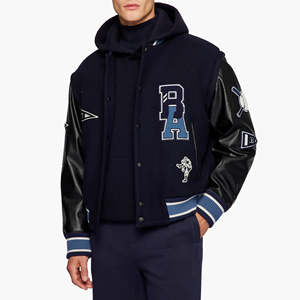 Chaqueta universitaria de lana personalizada OEM para hombre con parches bordados Diseño de retazos Sin cuello Street Baseball Letterman Bomber - Product Image 5