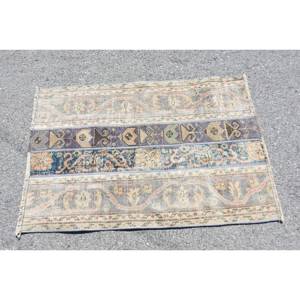 พรมตุรกีโบราณ2.5ft x 3.6ft สีเบจสีฟ้าสานเรียบงานปะวัสดุขนสัตว์ยางสำหรับตกแต่งห้องนั่งเล่นวัยรุ่น - Product Image 3