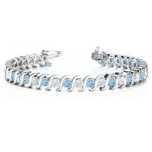 Bracelet tennis en or blanc 14 carats avec aquamarine et diamants, lien en S, avec perle d'eau douce, 4,00 carats, bracelet à breloque de style religieux - Product Image 1