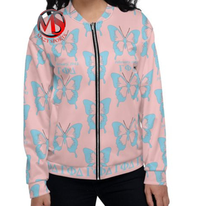 Chaquetas de bombardero de fondo Flexible de manga larga con cuello alto y cremallera Gamma Phi Delta con estampado de sublimación para mujer - Product Image 6
