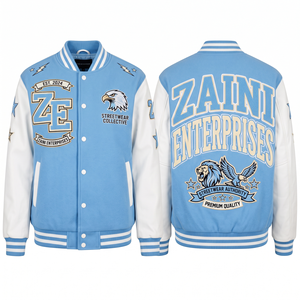 Veste universitaire pour femmes ZAINI ZE-180 320 GSM en coton et polyester, polaire bleu ciel, manches contrastées blanches, broderie chenille personnalisée - Product Image 1