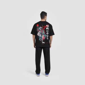 เสื้อยืดซามูไรทรงโอเวอร์ไซส์ ผ้าฝ้าย 100% สีดำ น้ำหนัก 280 กรัม ผ้าเจอร์ซีย์  ลายพิมพ์แบบพัฟเทคนิค  ดีไซน์ลายการ์ตูน - Product Image 4
