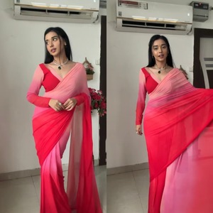 Saree imprimé dégradé en tissu Georgette de qualité supérieure pour les déclarations de mode traditionnelles indiennes Saree pour filles - Product Image 3