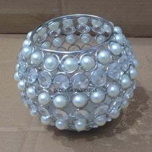 Bougeoir de créateur et décoration de centre de table de mariage votif avec feuilles plaquées or et fleurs en cristal perlées - Product Image 5