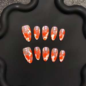 Faux ongles de luxe courts forme cercueil à presser, motif carré orange, 24 pièces, en acrylique, style salon mignon pour femmes - Product Image 3