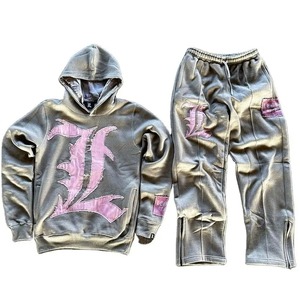 ชุดวอร์มผู้ชายแบบมีซิปเต็มตัว แต่งลายปะติด น้ำหนักเบา สไตล์ดิสเทรส ทรงขาบาน ยูนิเซ็กซ์  ผ้าฟอกสีเอซิด พร้อมกางเกงวอร์มและเสื้อฮู้ด - Product Image 1