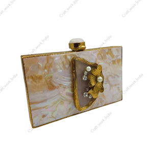 Luxury Mother of Pearl Panelled Clutch with Gold Floral Pearl Crystal Detail Handcrafted Evening <b>Wedding</b> Party <b>Handbag</b> - Product Image 3