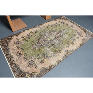 Turkish Vintage Rug, 4.1x7.1 ft Rug, <b>Brown</b> Green Plants & trees <b>Wool</b> Rug - Product Image 2