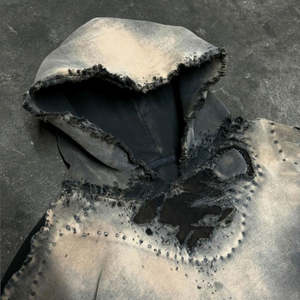 OEM Trending Men's Heavyweight Oversized Ripped Pullover Hoodie Custom Sun Faded Distressed Vintage Plus Size 100% Cotton - Product Image 5