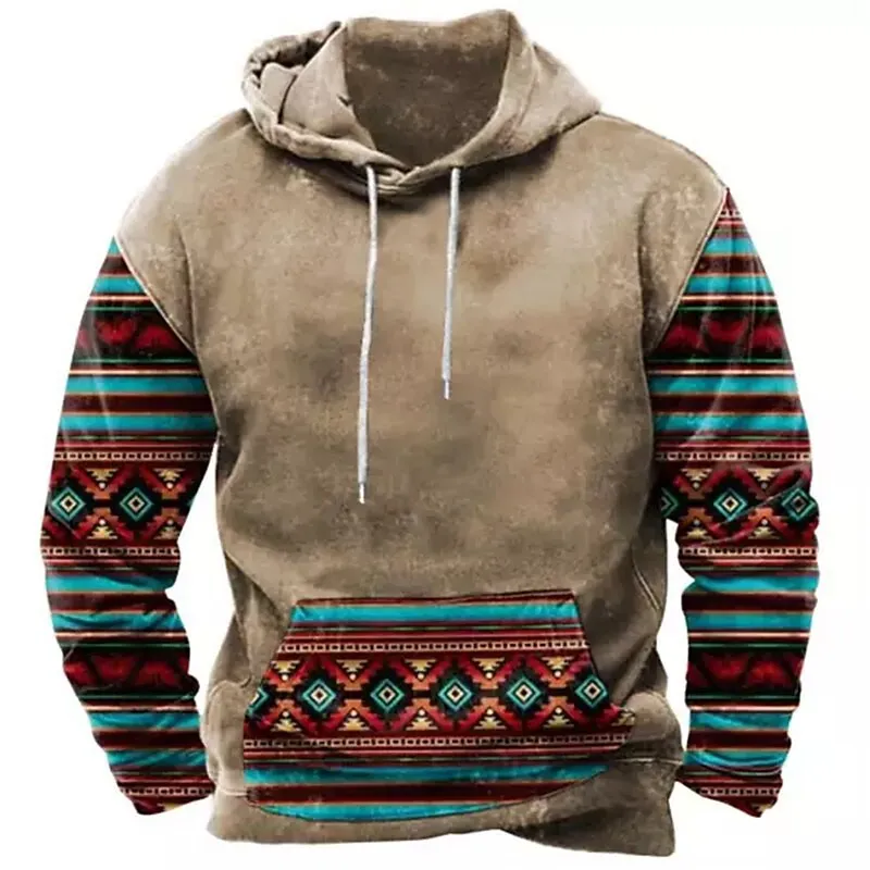 Felpa a maniche lunghe con cappuccio da uomo, abbigliamento retrò con motivi etnici, maglione oversize moda primaverile e autunnale