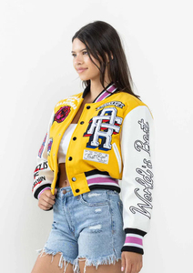 Veste universitaire courte respirante pour femmes de grande taille Vestes de baseball Letterman à manches en cuir brodées avec logo personnalisé - Product Image 2