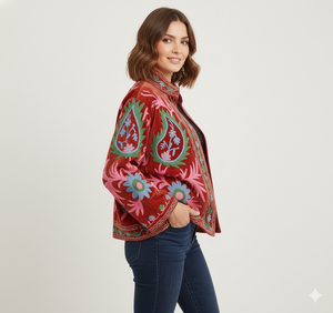 <b>Velvet</b> Suzani Embroidered Reversible Eco-Friendly Casual Winter <b>Jacket</b> with Cotton Lining Breathable Design for <b>Women</b> - Product Image 3