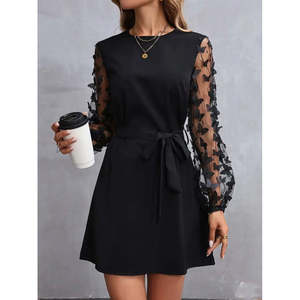 Robe à manches longues pour femme, col rond, avec manches en tulle et détail papillon, robe en crêpe importée, 36560 - Noir - Product Image 4