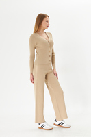 Ensemble deux pièces en tricot côtelé pour femmes, haut à manches longues et pantalon à col en v, couleur unie, style minimaliste, à porter en toutes saisons
