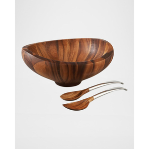 Elegante Tazón para Ensalada de Madera de Acacia con Servidores, Juego de Servicio de Cocina Moderno en Oferta con Asa de Aleación Brillante, Excelente Precio - Product Image 1