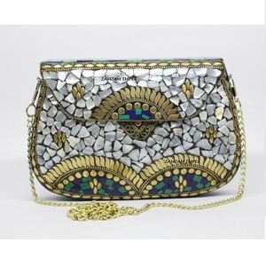 HANDMADE Mosaic Metal Mother of Pearl Clutch Bag - Handmade <b>Blue</b> Stone Antique Ethnic Clutch - Product Image 1