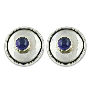Pendientes de Botón de Plata de Ley 925 de Moda para Mujer con Piedra Preciosa Azul, Chapados en Oro y con Patrón Geométrico para Boda o Compromiso - Product Image 1