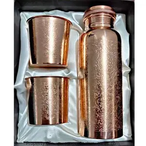 ACUBE 500ml Extra Large Fancy Etched Logo Ayurvedic Water <b>Bottle</b> 100% Pure Copper Leak-Proof Direct <b>Drinking</b> 34 oz - Product Image 4