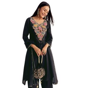 Black Zardosi Work Dola <b>Silk</b> Kurta Palazzo Suit With <b>Organza</b> Dupatta Wholesale Women Ethnic Apparel OEM Factory Bulk Supplier - Product Image 1