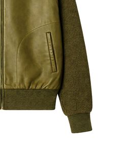 เสื้อแจ็คเก็ตหนังเทียมสีเขียวมะกอกพรีเมียม แขนถัก ซิปหน้า สำหรับผู้ชาย คอริบ แนวลำลอง เสื้อคลุมกันหนาวแฟชั่น เสื้อโค้ทผู้ชาย - Product Image 5