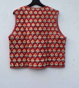 Chaleco Corto Rojo de Algodón Sostenible para Mujer, Cuello en V, Frente Abierto, Reversible, con Ribete a Rayas, Ropa Exterior para Otoño/Invierno - Product Image 6