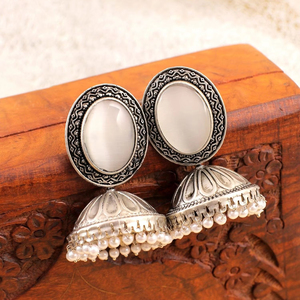 Direct Indian Supplier's Best Selling Women's Chic Oxidised <b>Silver</b> Jhumkas White Crystal Beads <b>Stud</b> Geometric Pattern Modern - Product Image 2