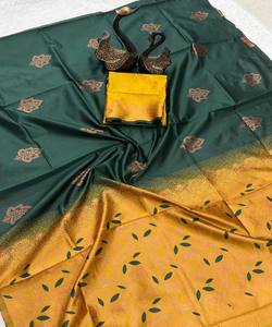 DESIGNER LICHI SILK ORGANIC BANARASI <b>SAREE</b> WITH UNSTITCHED BLOUSE FESTIVAL WEAR WHOLESALE PRICE ETHNIC GARMENT <b>YELLOW</b> <b>SAREE</b> - Product Image 2