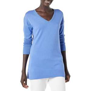 Suéter Azul Informal de Color Sólido para Mujer, Manga Larga, Cuello en V, Corte Ajustado, Algodón de Alta Calidad, Ropa de Invierno - Product Image 2