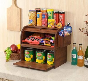 Natural Bamboo Bread <b>Box</b> for Kitchen Countertop Assembly Layer <b>Roll</b> Top Bread Storage Container with Silverware Basket - Product Image 2