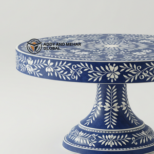 Assiette à dessert de luxe en forme de feuille florale avec support à gâteau en incrustation d'os bleu fabriqué à la main - Product Image 2