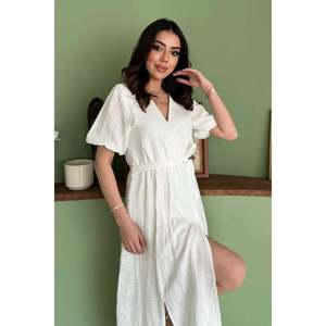 Robe en lin mousseline à col enroulé - Blanc - Product Image 3