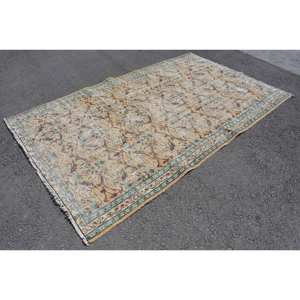 พรมตุรกีวินเทจขนาดใหญ่สีเบจสีเขียวผ้าขนสัตว์ลาเท็กซ์5x8.4ft รูปแบบการเย็บปะติดปะต่อกันสี่เหลี่ยมผืนผ้าออกแบบทาบริซสำหรับวัยรุ่นพรมห้อง - Product Image 2