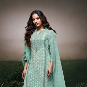 ชุดเล่น Salwar ผ้าลินินผ้าฝ้ายพิมพ์ลายแฟนซีพร้อมปักด้วยมือของสะสมลูกไม้สำหรับงานลำลองและงานปาร์ตี้ - Product Image 1