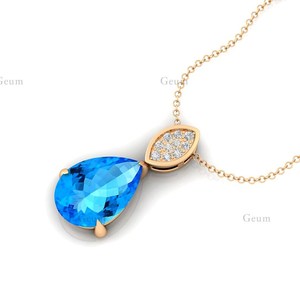 Hermoso collar con colgante de lágrima en forma de pera con piedras preciosas de Topacio Azul suizo y diamantes blancos naturales certificados IGI OEM - Product Image 5