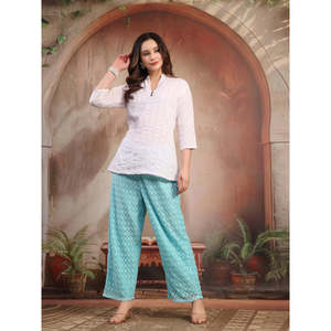 Pantalon palazzo évasé rose en coton pour femme, motif floral, taille haute/basse, respirant, décontracté et élégant - Product Image 1