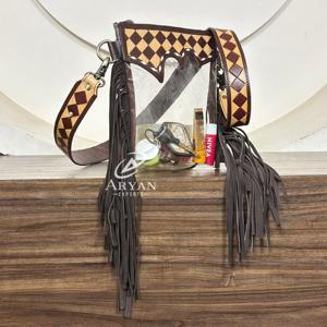 Bolso bandolera con flecos de cuero transparente a mano de vaquera occidental con diseño a cuadros, bolso bandolera de hombro Vintage para mujer - Product Image 1