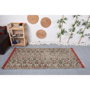 Alfombra turca Vintage Floral tradicional Beige y Rojo Material de lana de 3,1x6,8 pies con respaldo de látex Patrón de retazos - Product Image 1