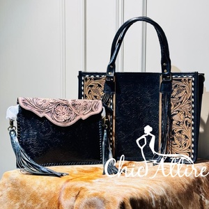 Hot Sale Hand Tooled Leather Black Floral Large Tote <b>Bag</b> & Hand Tooled Embossed Leather Fringe Envelope <b>Bag</b> Combo Sets <b>for</b> <b>Women</b> - Product Image 1