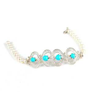 Pulsera Geométrica de Plata de Ley 925 con Perlas, Turquesa y Diamantes, Diseño Religioso y Moderno con Números, para Regalo o Aniversario - Product Image 3